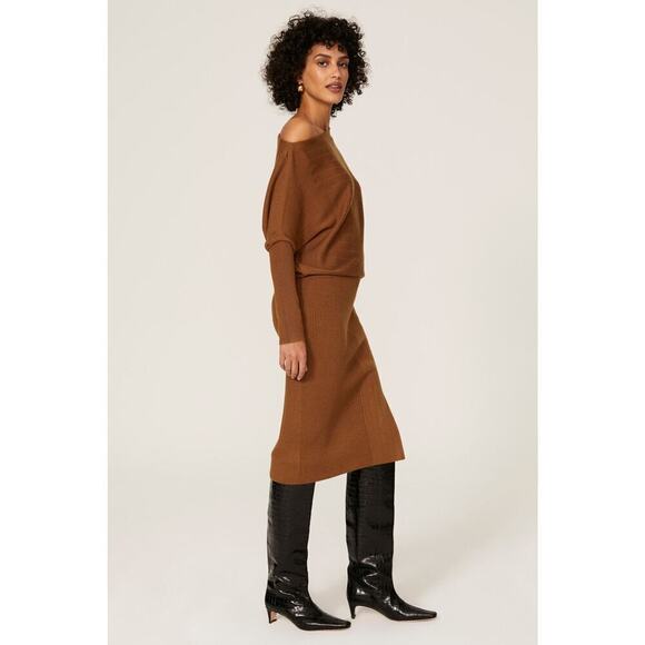 Victor Alfaro Sweater Dress Asymmetrical Long Sleeve Brown M - Picture 2 of 11